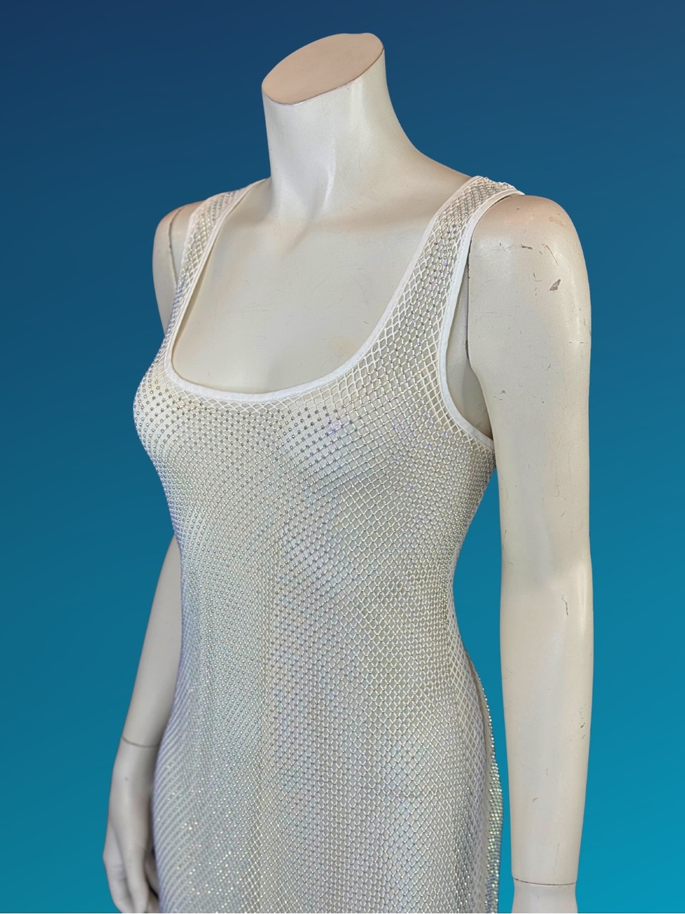 Y2K White Rhinestone Mesh Net Sheer Dress | Fairycore Rave | M